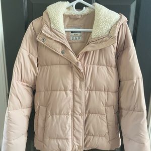 ABERCROMBIE ultra mid length puffer jacket sherpa fleece coat blush pink size L